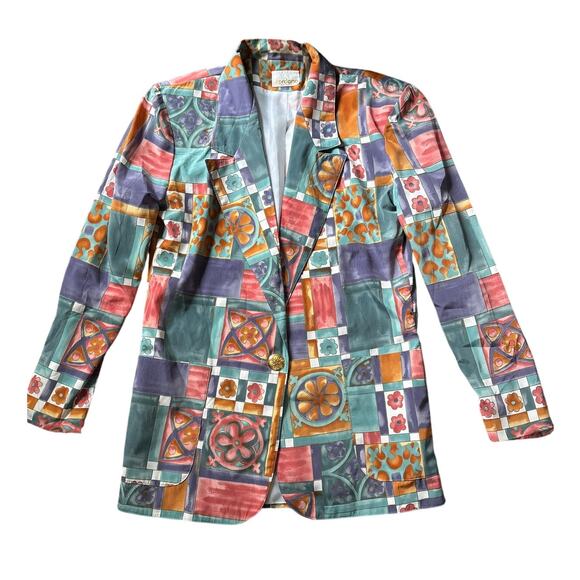 Vintage Jordana USA Patchwork Print Longline Blazer Top Medium 80s 90s - Picture 1 of 3